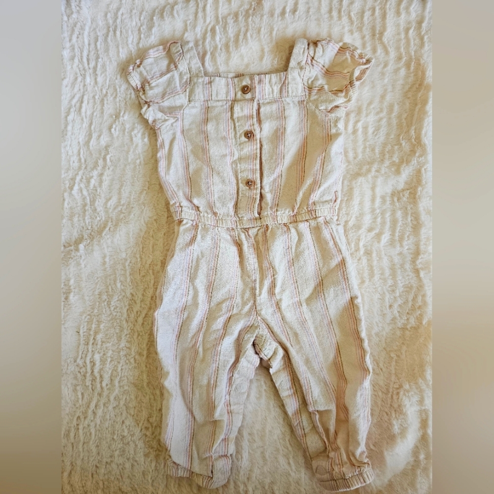 OshKosh baby girl romper size 9m. Cream with pinstripe, purple, tan & mauve